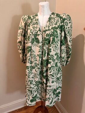 HUNTER BELL Green and Cream Floral Dress with Puff Sleeves